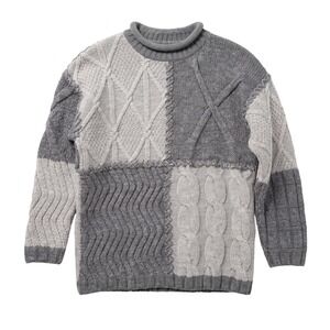 Bossini 100% Wool patchwork Mixed cable-knit sweater rolled turtleneck Women L